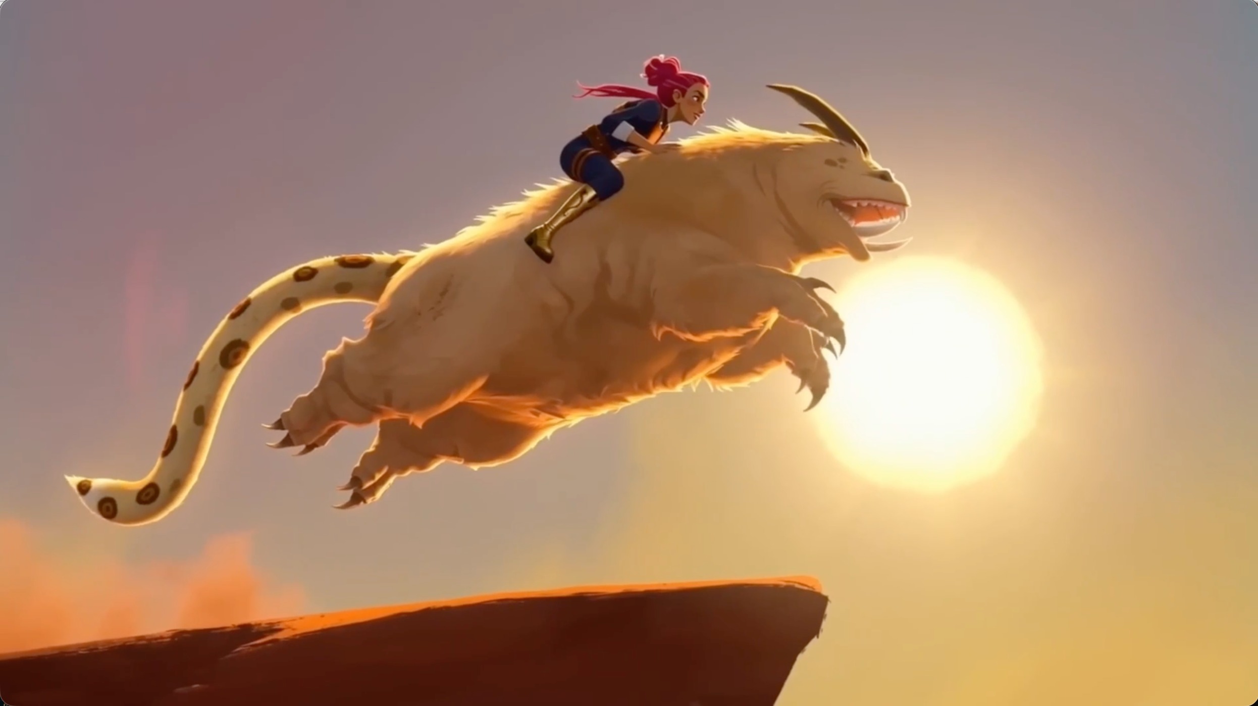 Victory Harben riding a creature off a cliff at sunset